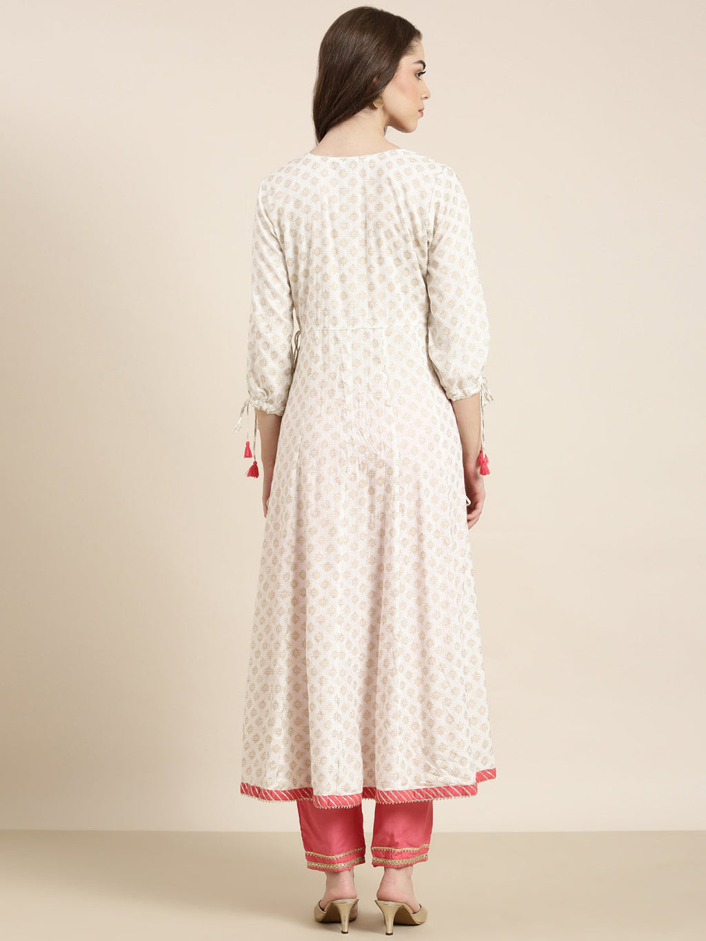 Women's White Floral Printed Mirror Work Cotton Anarkali Kurta
