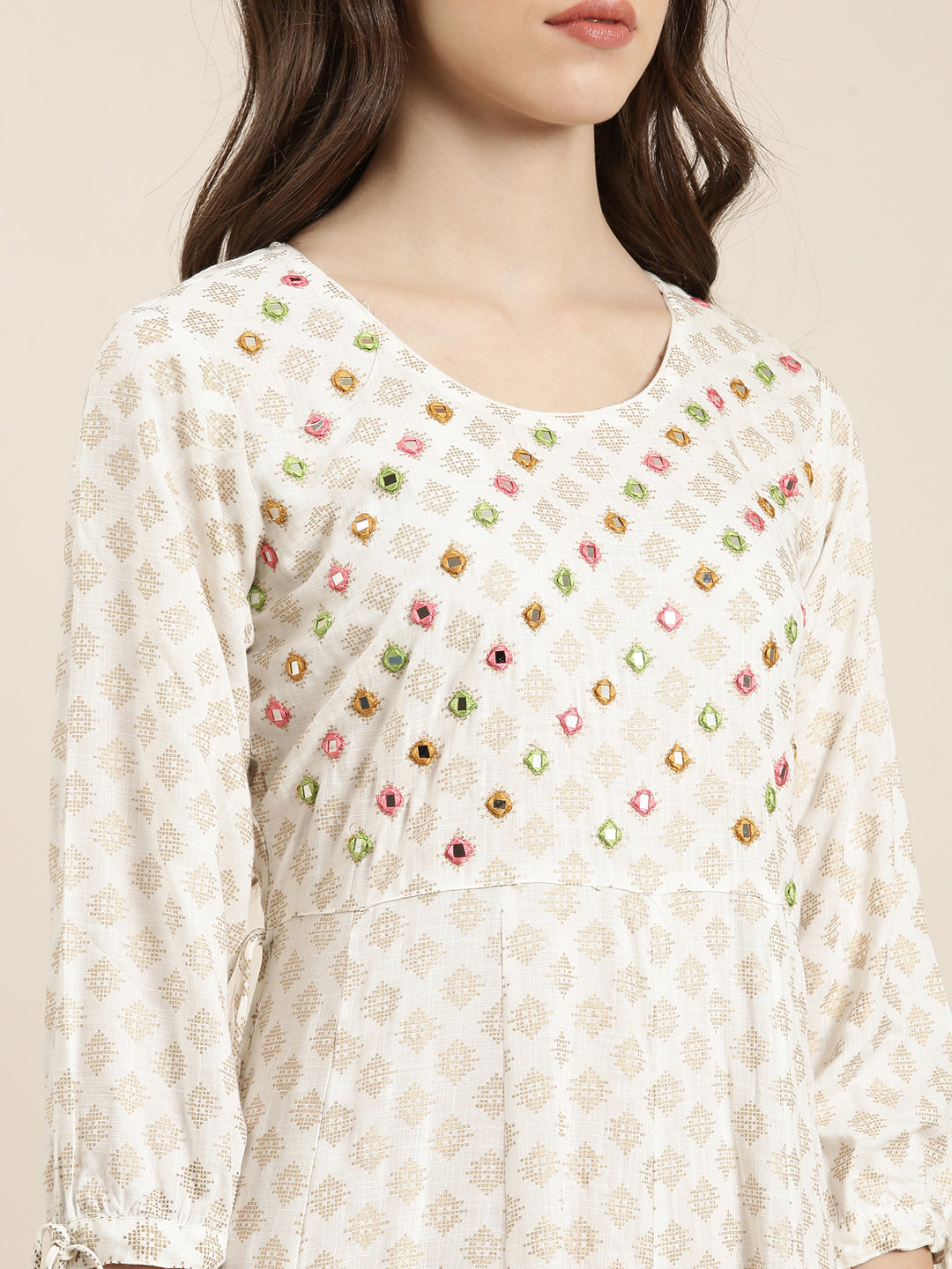 Women's White Floral Printed Mirror Work Cotton Anarkali Kurta