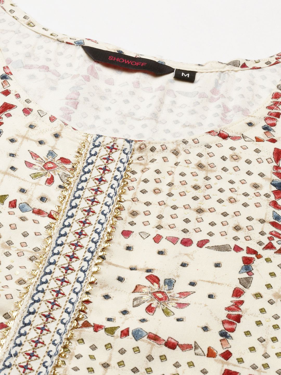 Women's Cream Printed Thread Work Kurta