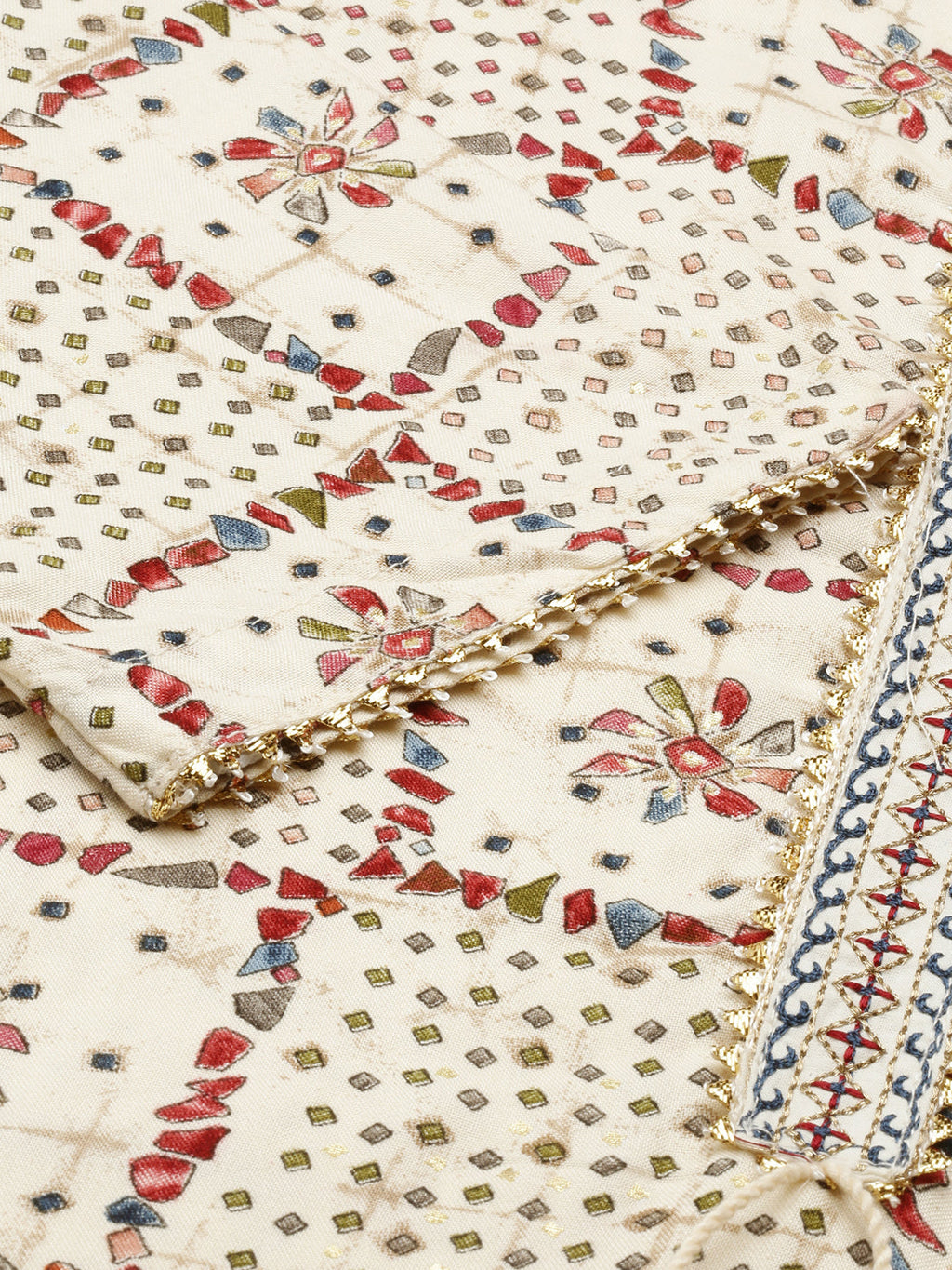 Women's Cream Printed Thread Work Kurta