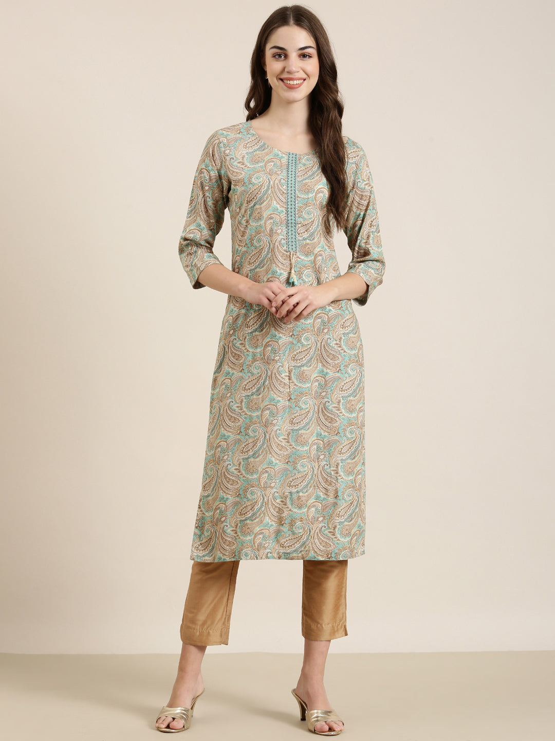 Women's Sea Green Ethnic Motifs Printed Straight Kurta