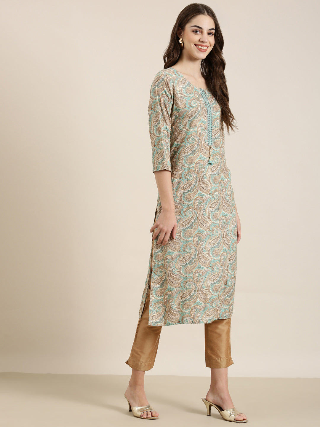 Women's Sea Green Ethnic Motifs Printed Straight Kurta