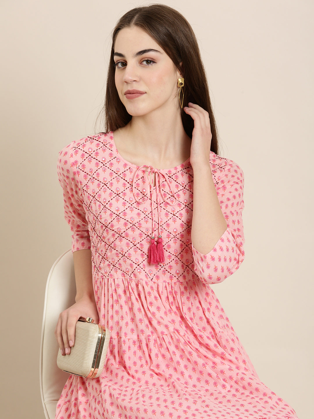 Women's Pink Floral Printed Anarkali Kurta