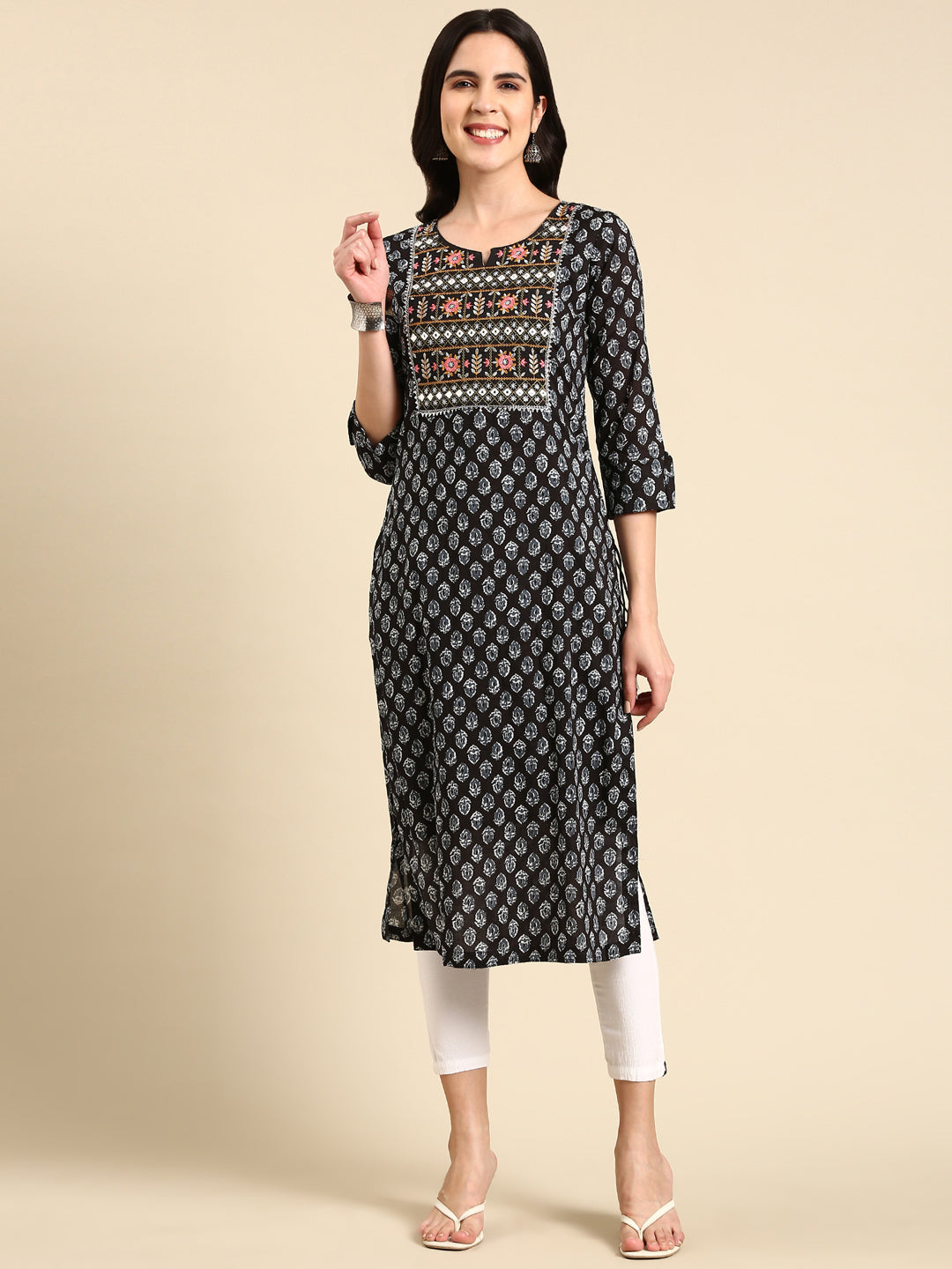 Women's Black Floral Block Printed Thread Work Straight Kurta
