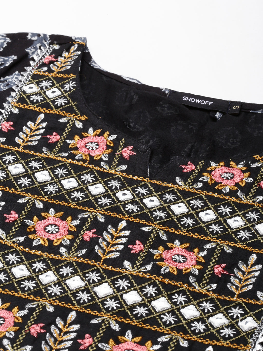 Women's Black Floral Block Printed Thread Work Straight Kurta