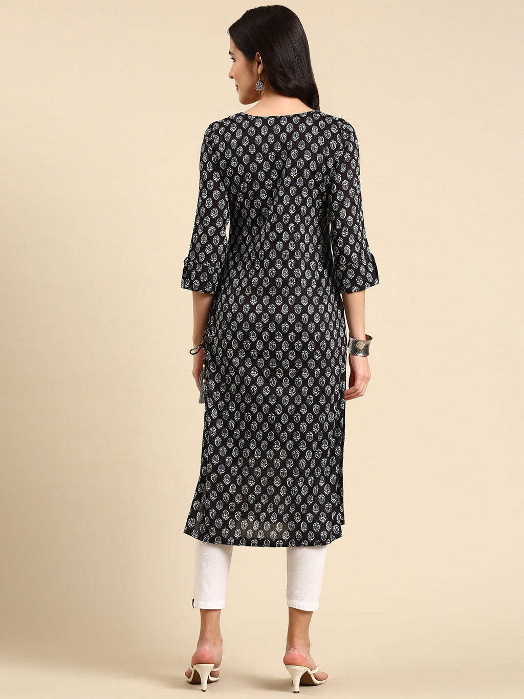 Women's Black Floral Block Printed Thread Work Straight Kurta