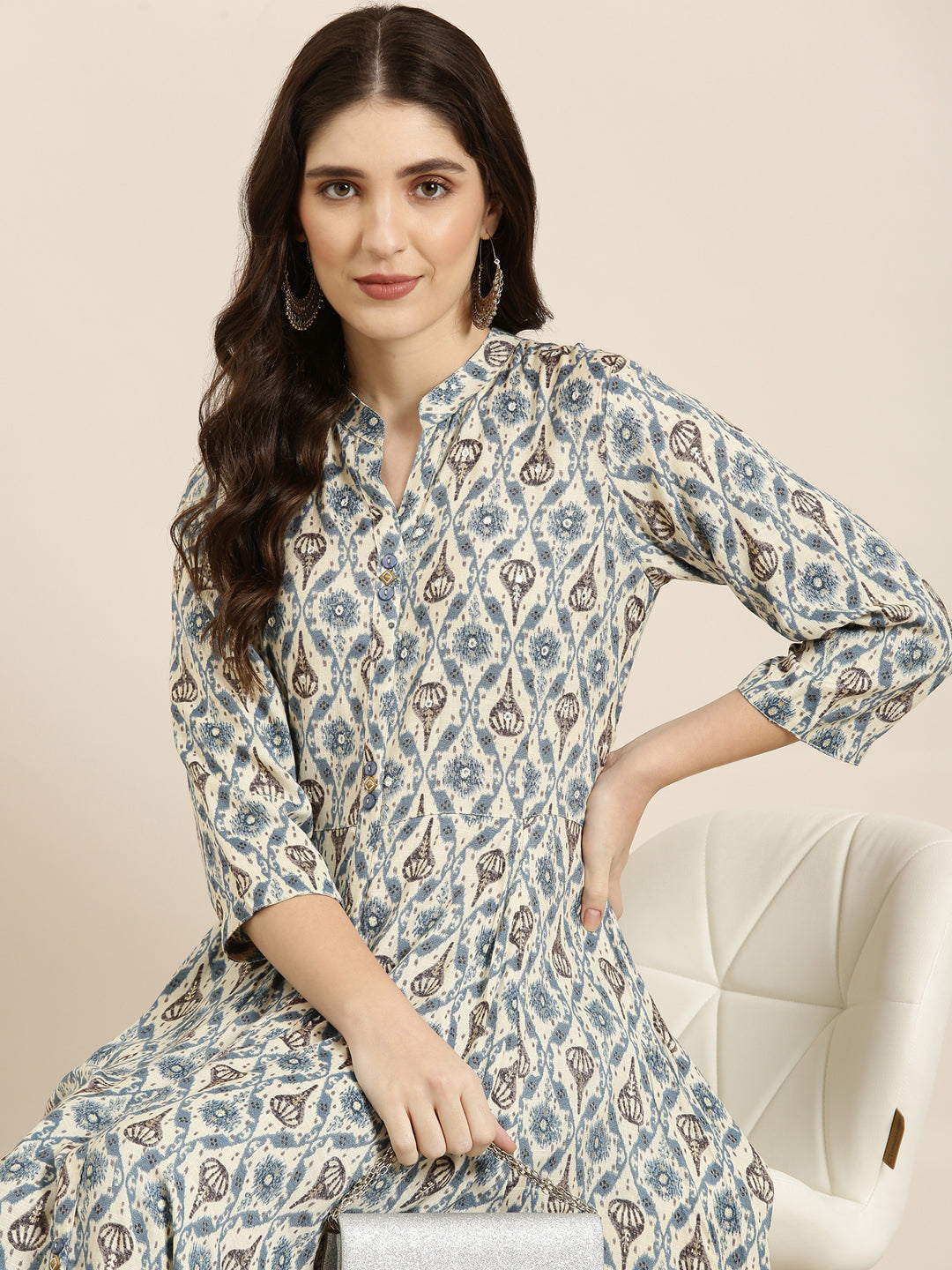 Women's Cream Ethnic Motifs Printed Mandarin Collar Anarkali Kurta