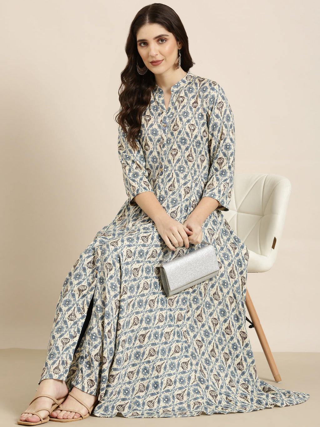 Women's Cream Ethnic Motifs Printed Mandarin Collar Anarkali Kurta