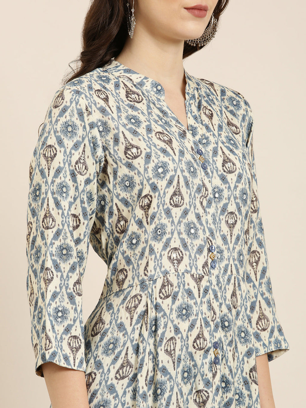 Women's Cream Ethnic Motifs Printed Mandarin Collar Anarkali Kurta