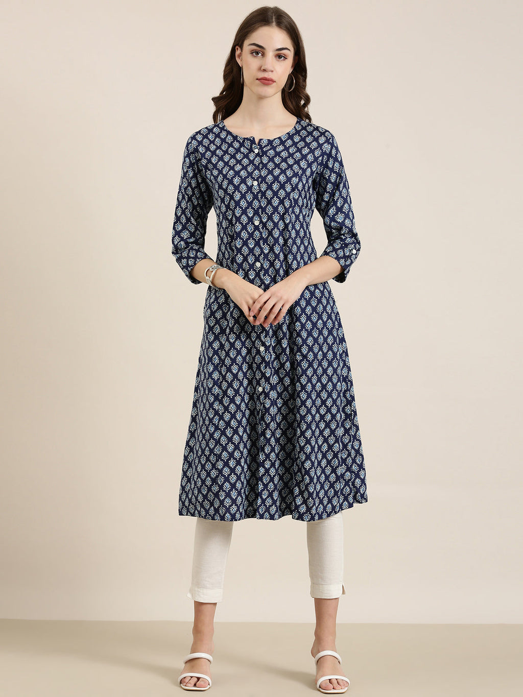 Women's Navy Blue Printed A-Line Kurta