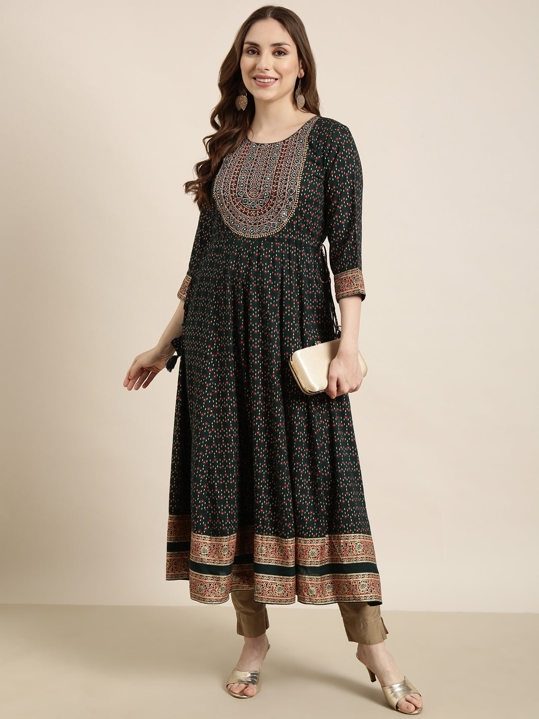 Women's Anarkali Green Ethnic Motifs Kurta