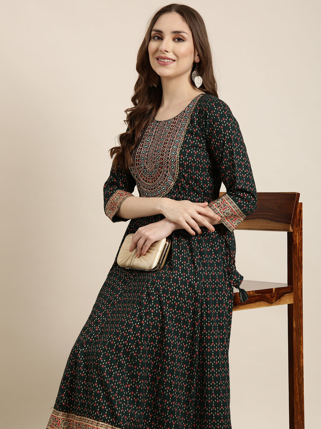 Women's Anarkali Green Ethnic Motifs Kurta