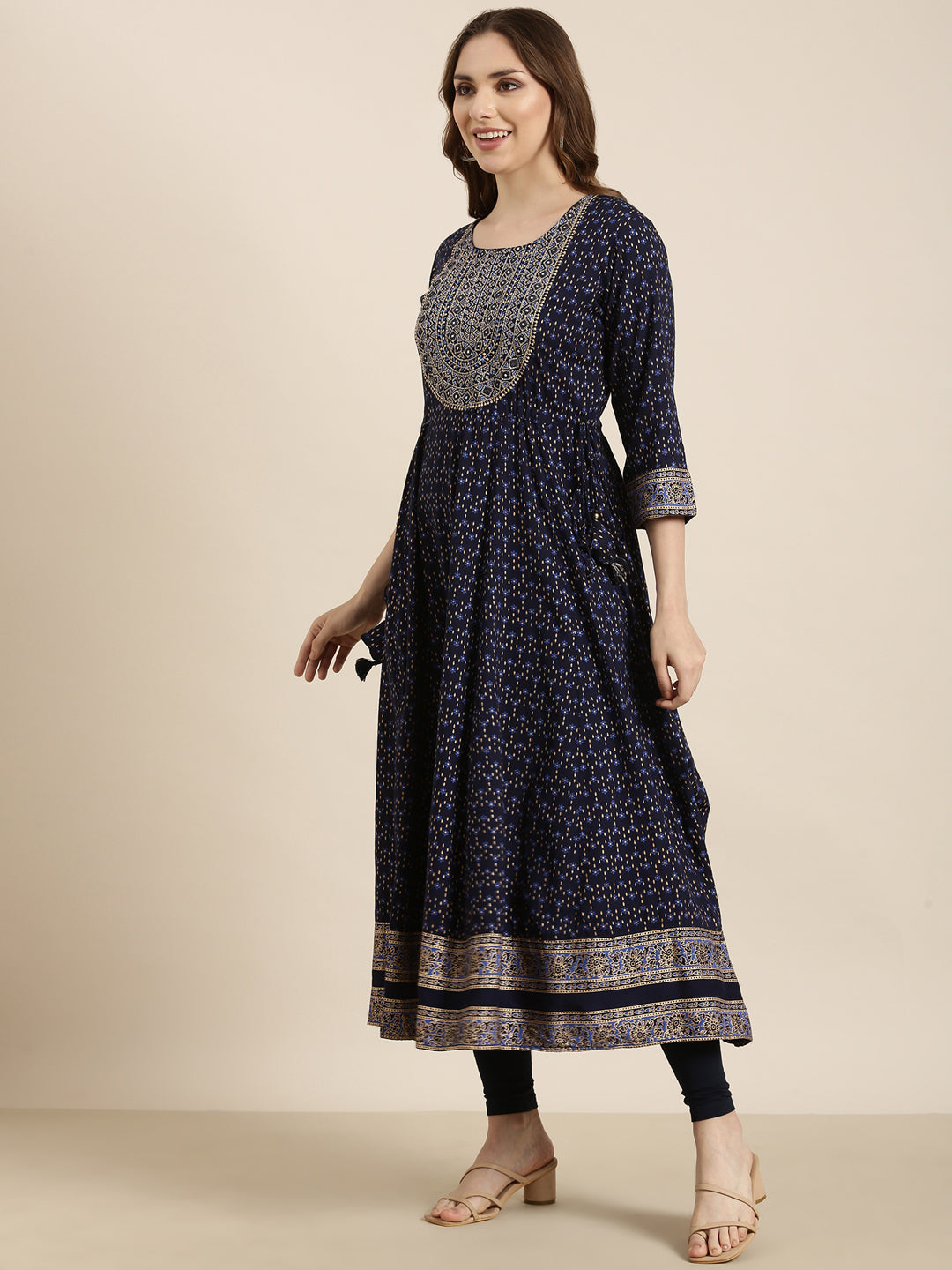 Women's Anarkali Floral Navy Blue Kurta