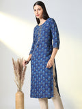 Women's Blue Ethnic Motifs Straight Kurta