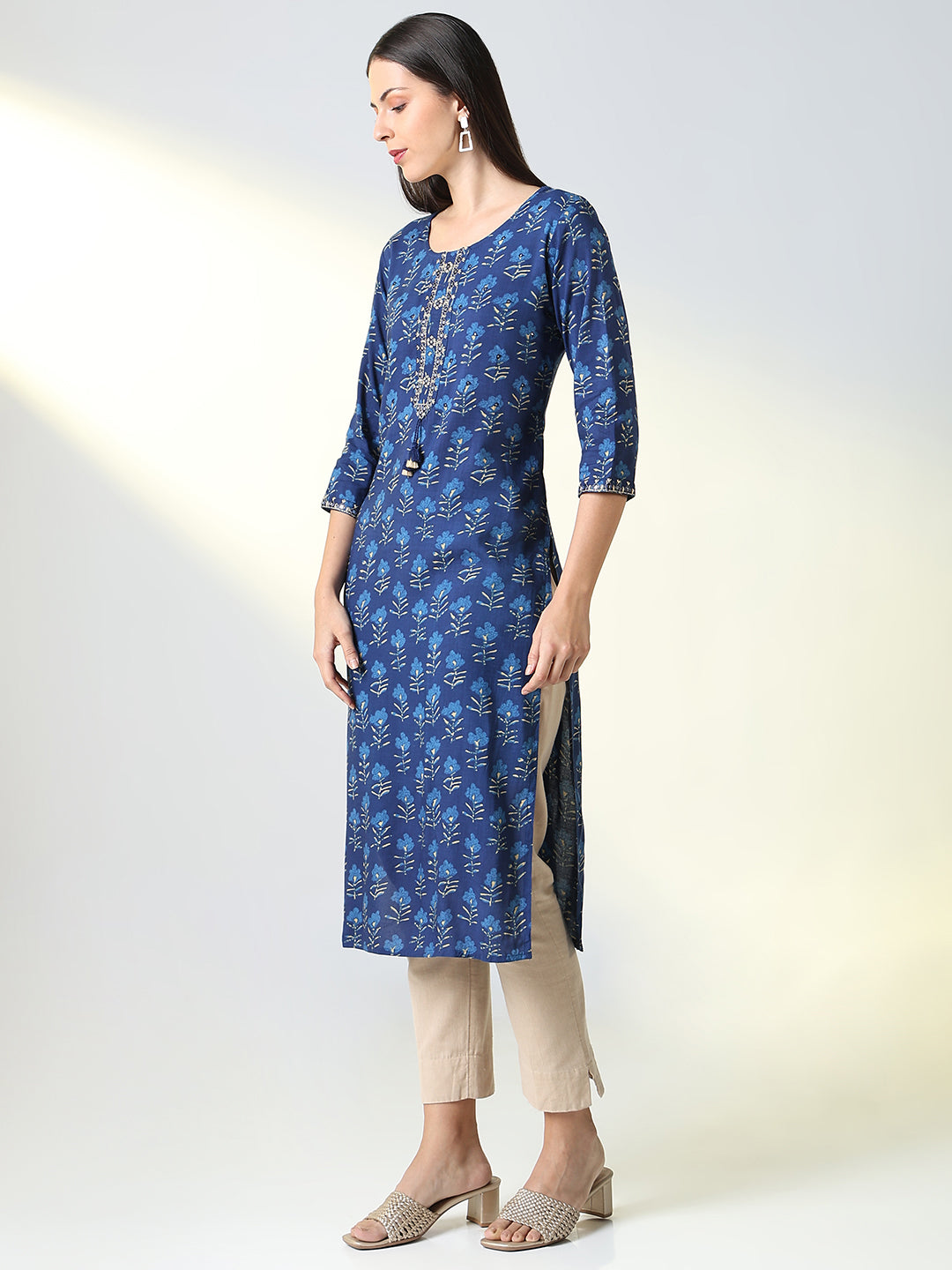 Women's Blue Ethnic Motifs Straight Kurta