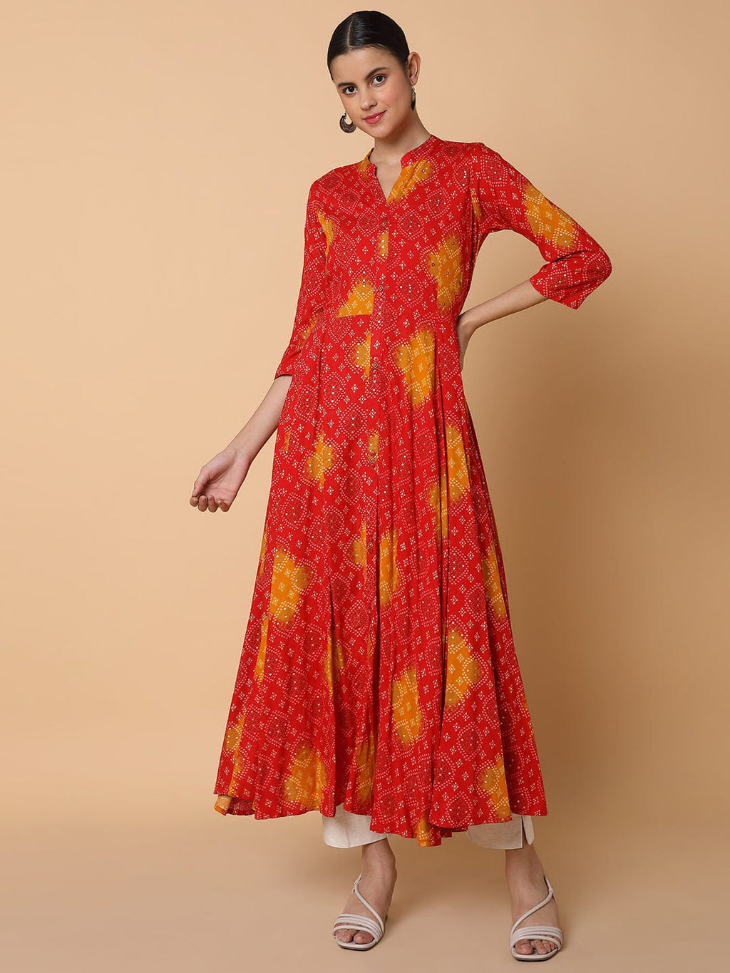 Women's Anarkali Empire Red Bandhani Kurta