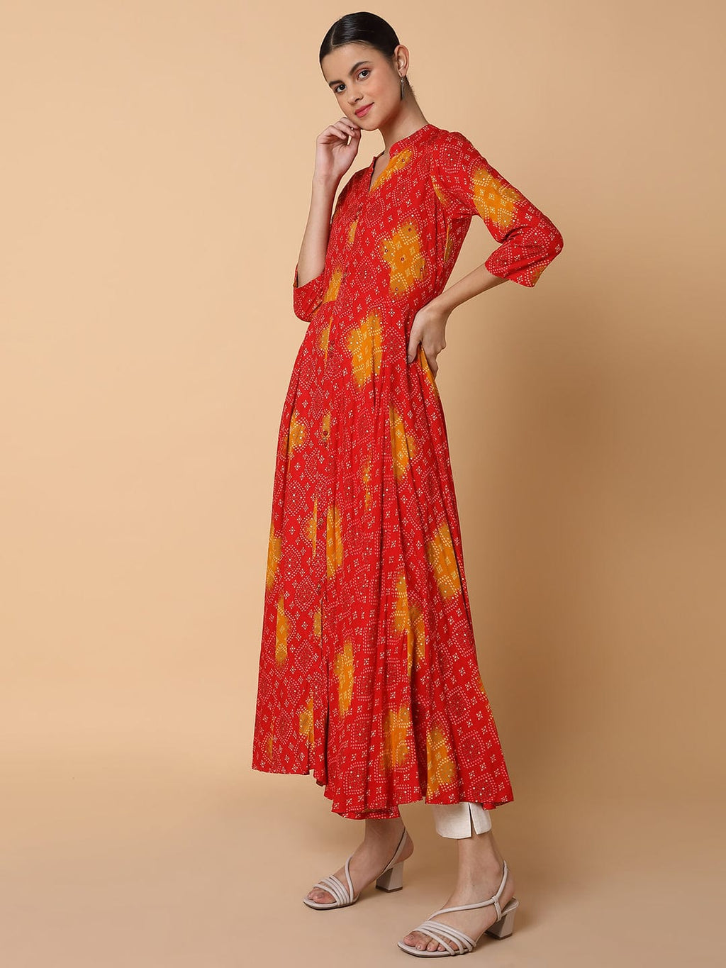 Women's Anarkali Empire Red Bandhani Kurta
