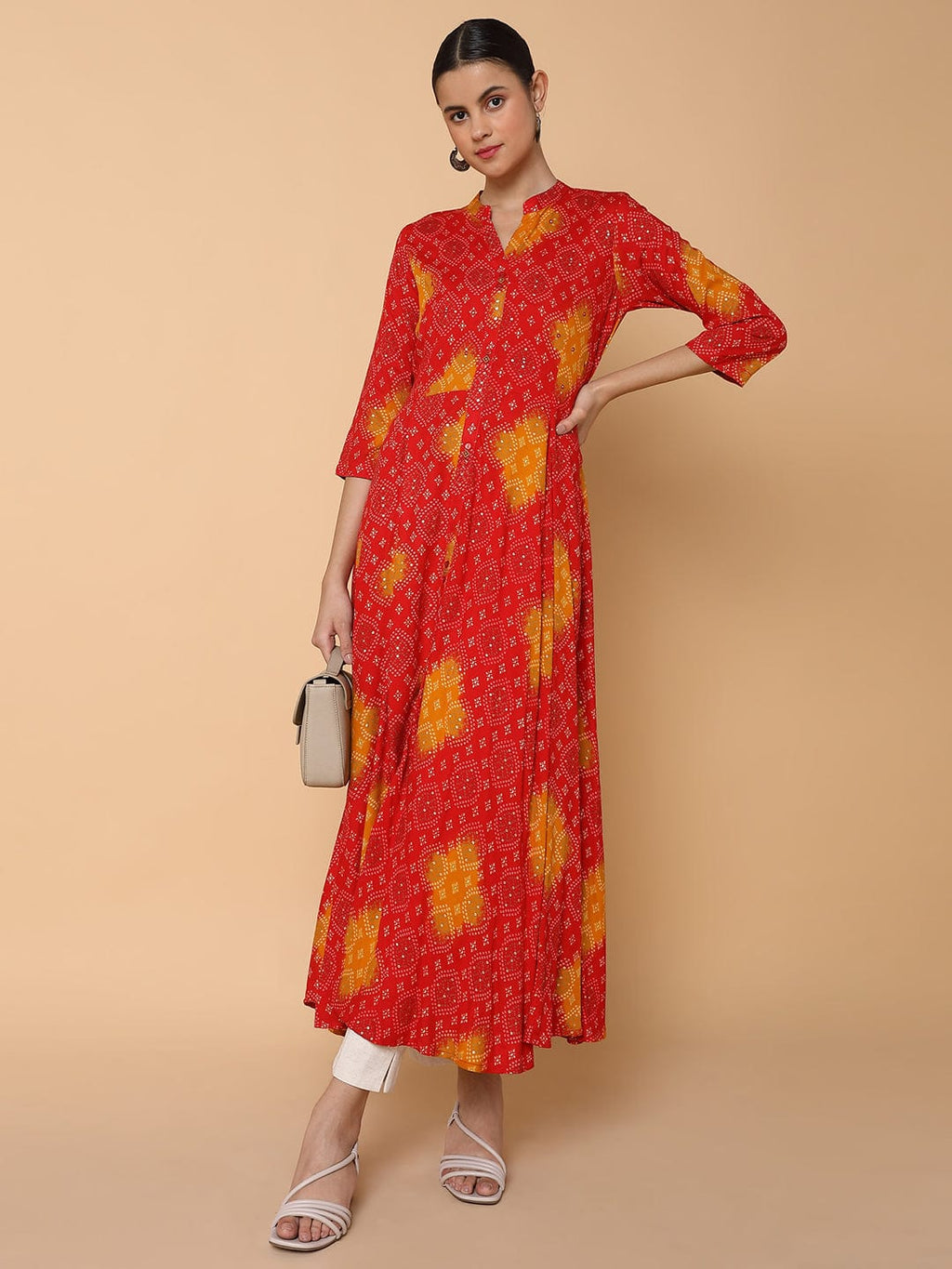 Women's Anarkali Empire Red Bandhani Kurta