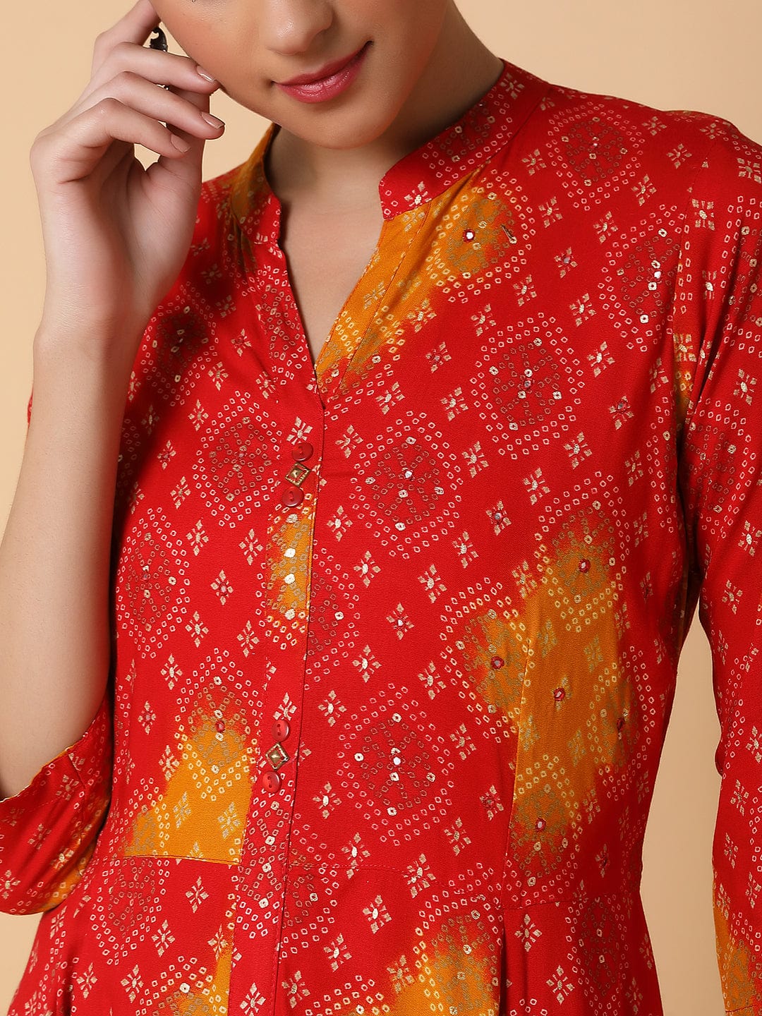 Women's Anarkali Empire Red Bandhani Kurta