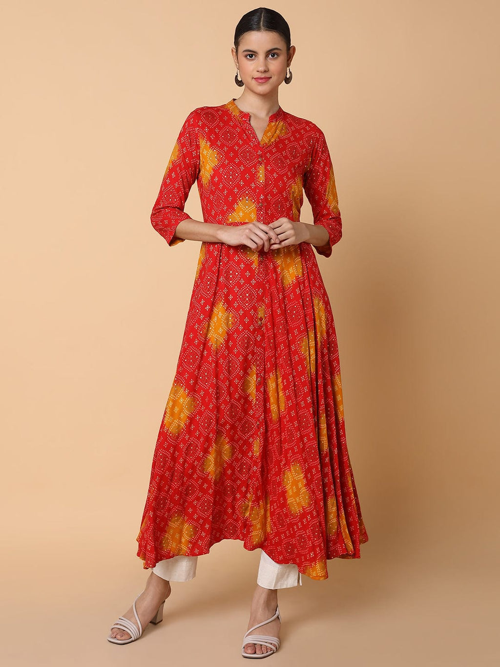 Women's Anarkali Empire Red Bandhani Kurta