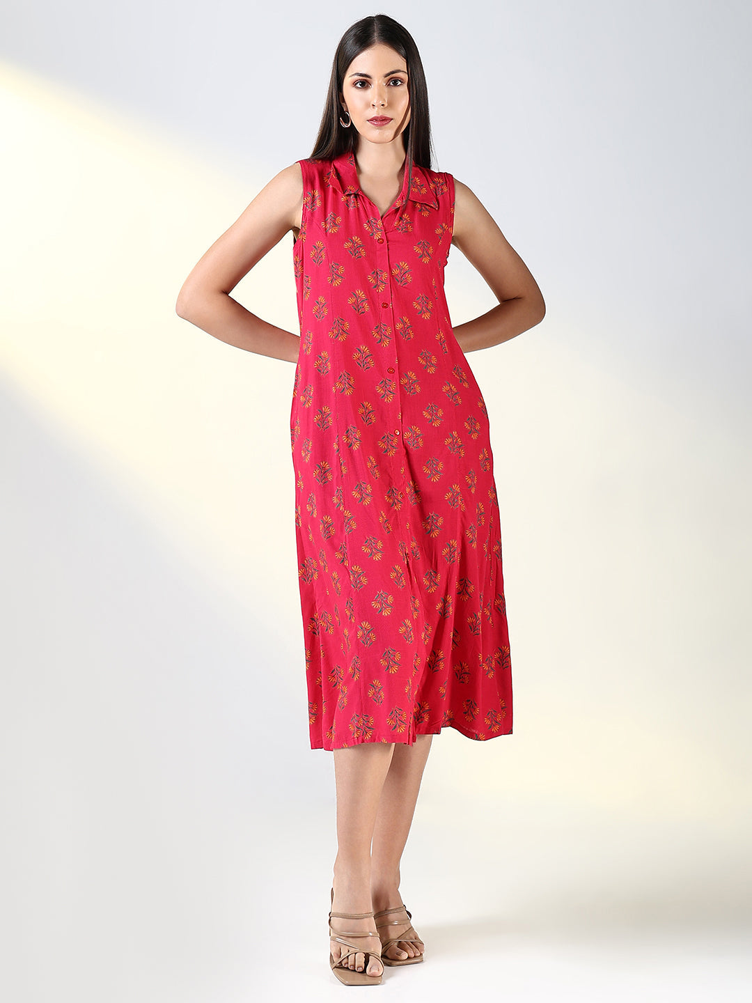 Women's Pink Floral Printed A-Line Midi Dress
