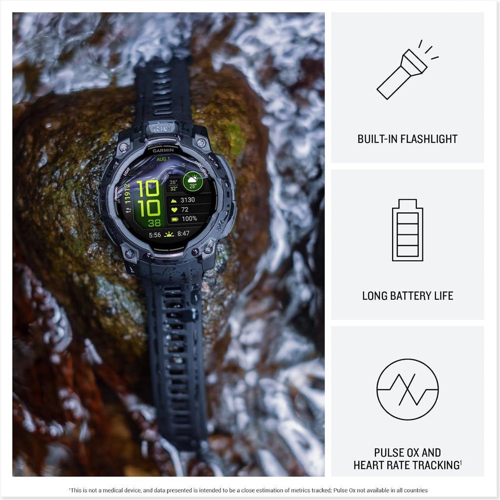 Garmin Instinct® 3, AMOLED Display, Rugged Outdoor GPS Smartwatch, Metal-Reinforced Bezel, Built-in Flashlight, Up to 18 Days of Battery Life, Black
