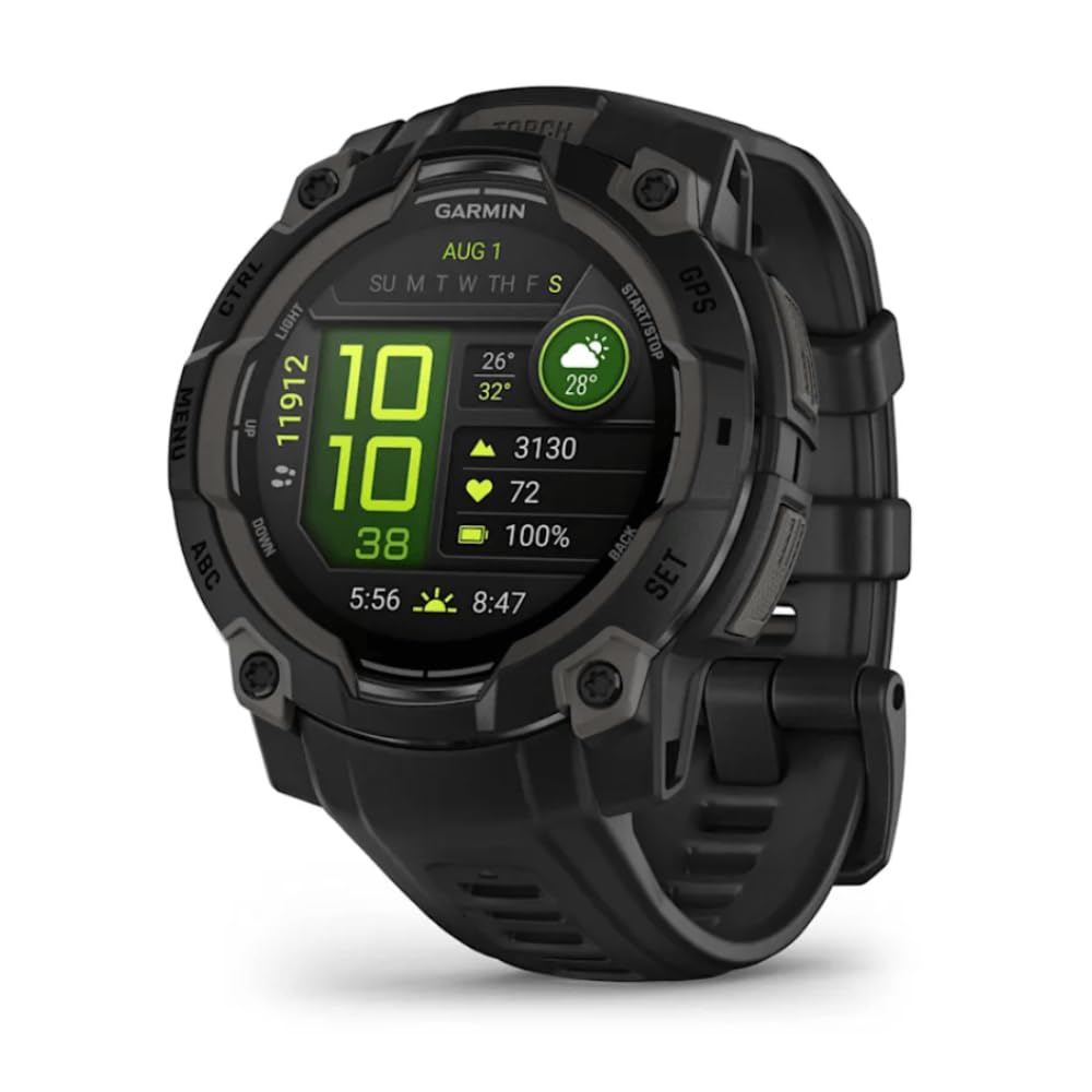 Garmin Instinct® 3, AMOLED Display, Rugged Outdoor GPS Smartwatch, Metal-Reinforced Bezel, Built-in Flashlight, Up to 18 Days of Battery Life, Black