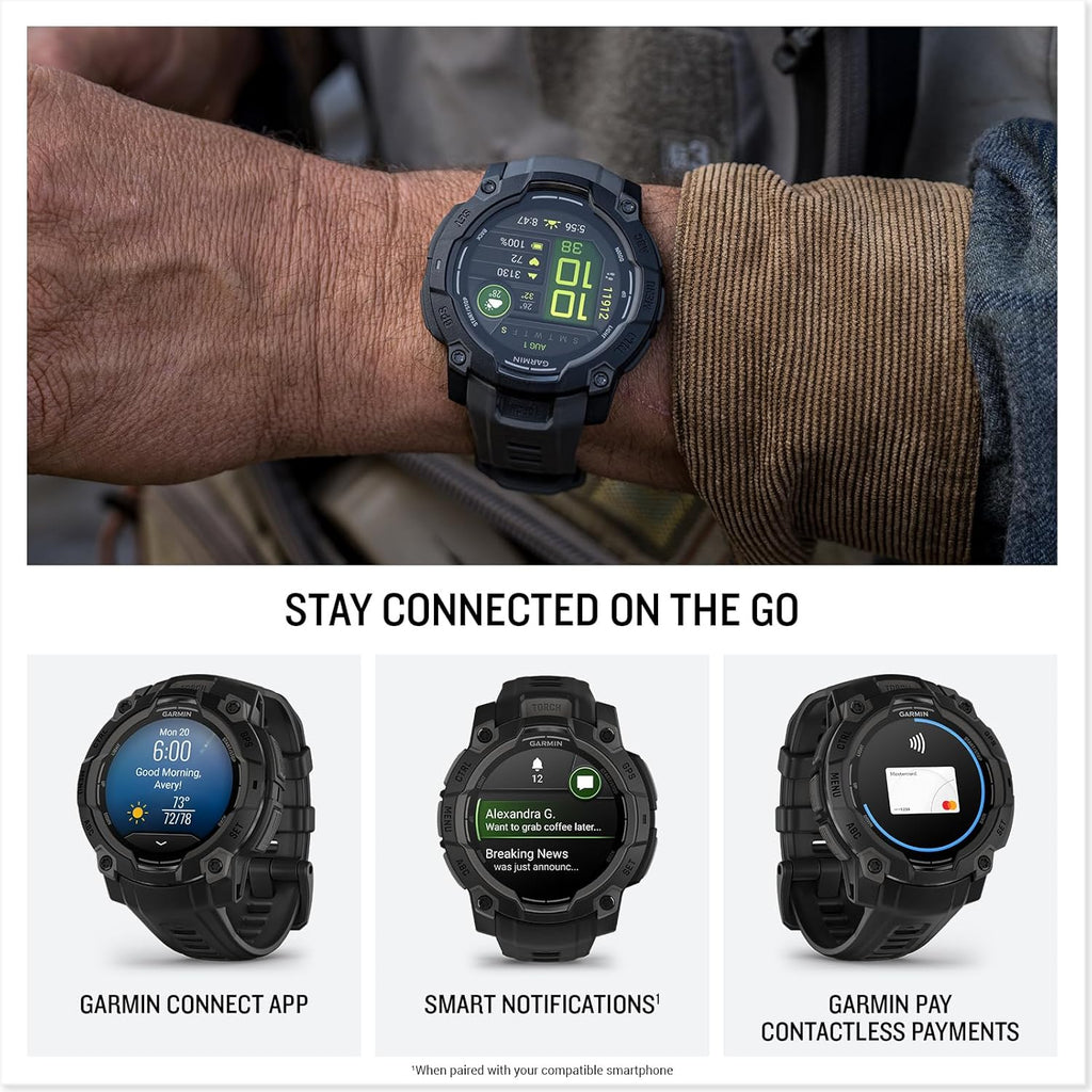 Garmin Instinct® 3, AMOLED Display, Rugged Outdoor GPS Smartwatch, Metal-Reinforced Bezel, Built-in Flashlight, Up to 18 Days of Battery Life, Black