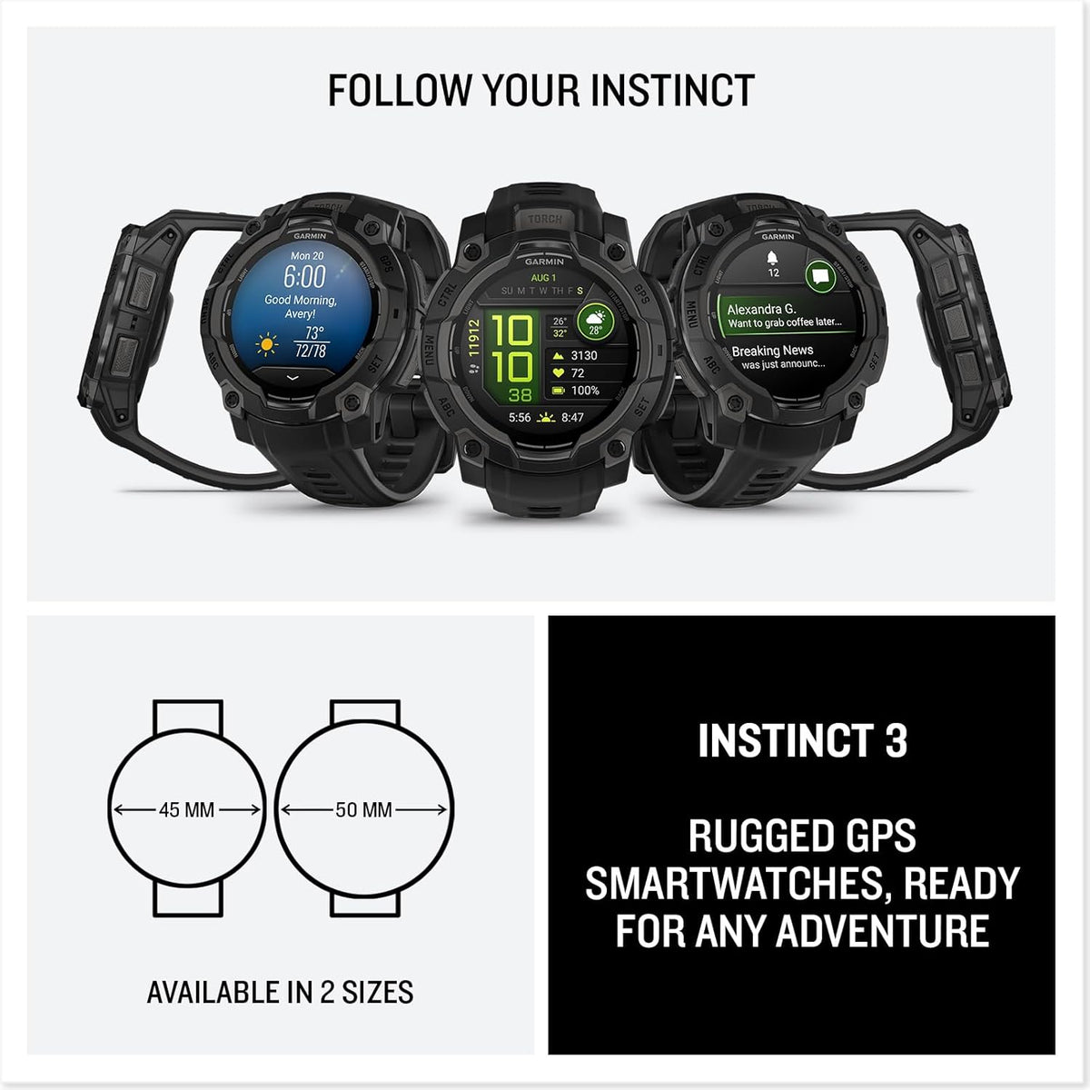 Garmin Instinct® 3, AMOLED Display, Rugged Outdoor GPS Smartwatch, Metal-Reinforced Bezel, Built-in Flashlight, Up to 18 Days of Battery Life, Black