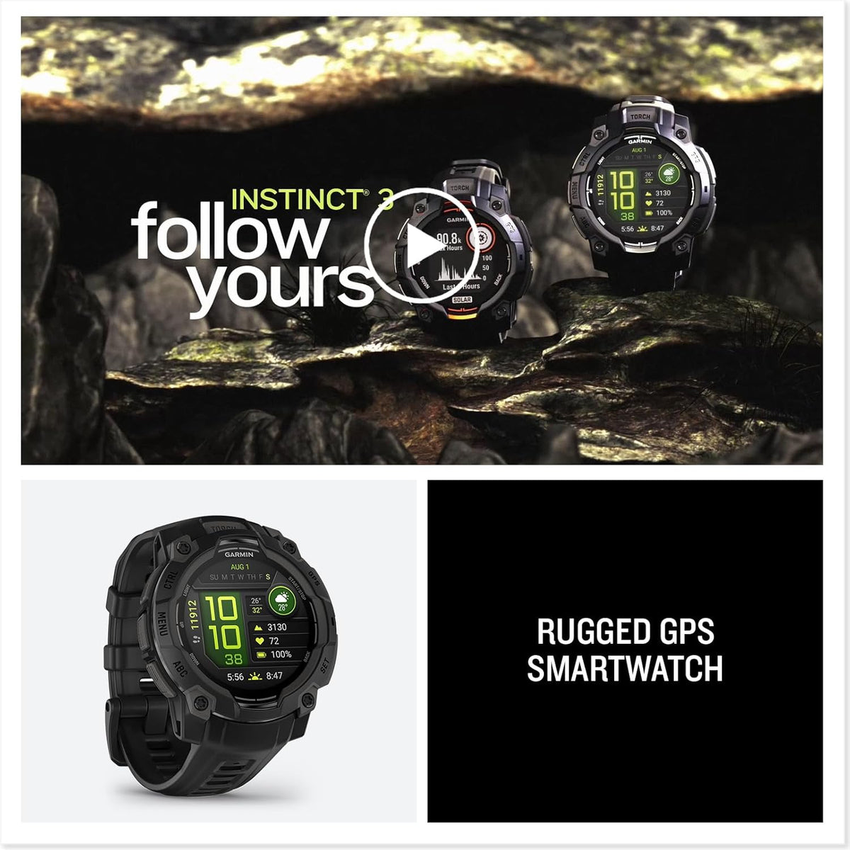 Garmin Instinct® 3, AMOLED Display, Rugged Outdoor GPS Smartwatch, Metal-Reinforced Bezel, Built-in Flashlight, Up to 18 Days of Battery Life, Black