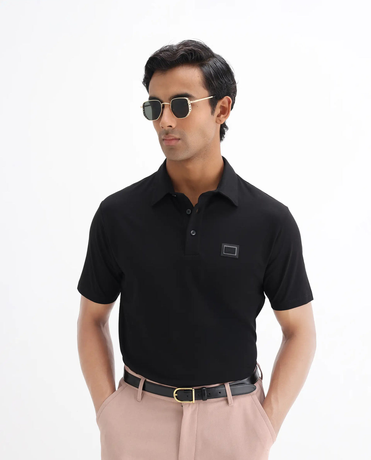 Rare Rabbit Men's Badger-25 Black Cotton Blend Plain Regular Fit Half Sleeve Polo