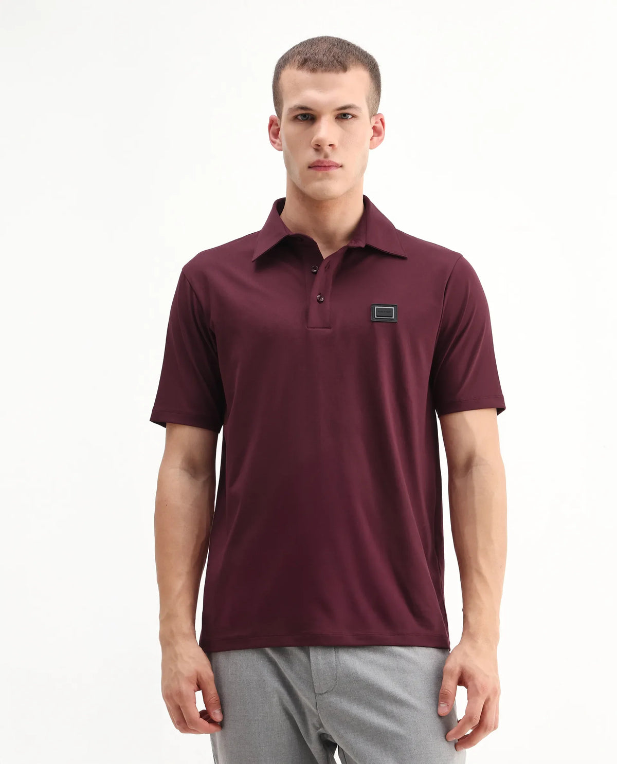Rare Rabbit Men's Badger-25 Dark Brown Cotton Blend Plain Regular Fit Half Sleeve Polo