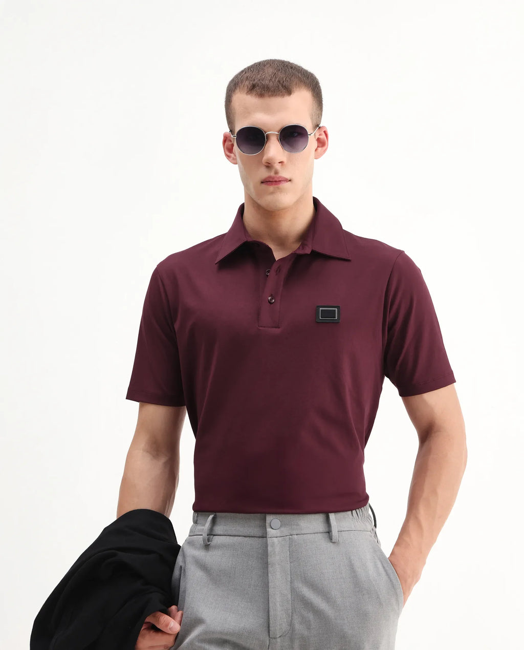 Rare Rabbit Men's Badger-25 Dark Brown Cotton Blend Plain Regular Fit Half Sleeve Polo