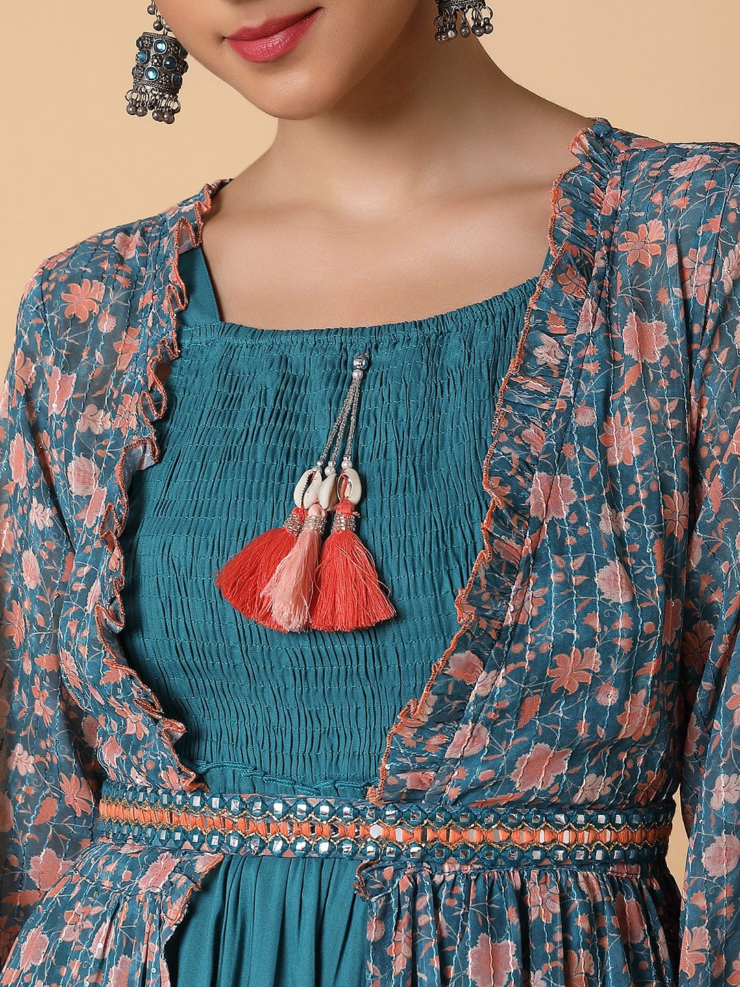 Women's Straight Turquoise Blue Solid Kurta with Shrug