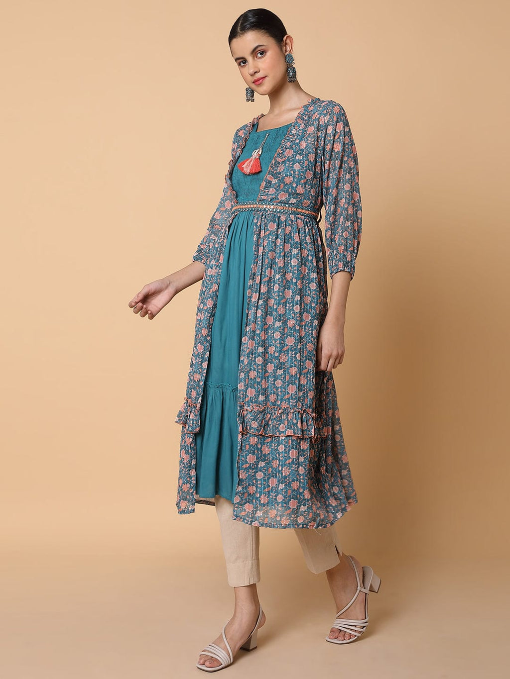 Women's Straight Turquoise Blue Solid Kurta with Shrug