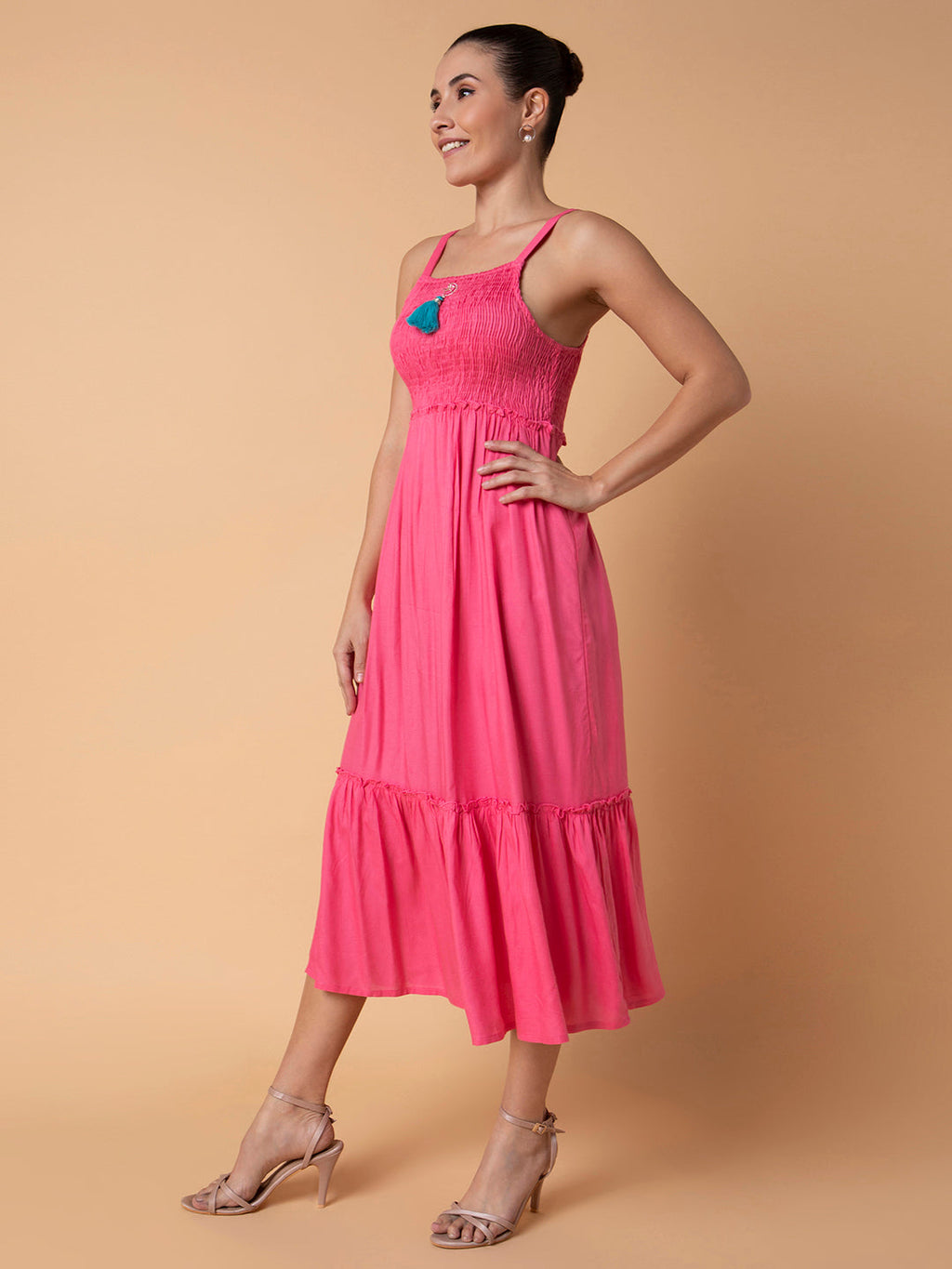 Women's Pink Floral Printed Fit & Flare Midi Dress with Shrug and Belt