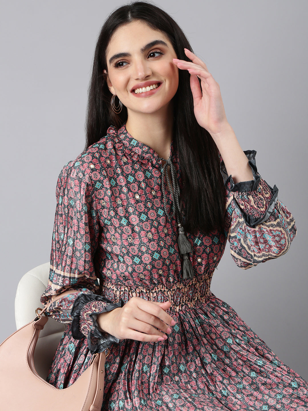 Women's Olive Ethnic Motifs Printed Cuff Sleeve Tie-Up Neck Smocked Fit and Flare Midi Dress
