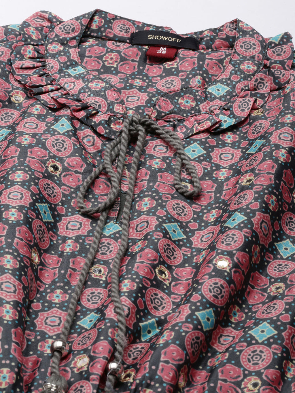Women's Olive Ethnic Motifs Printed Cuff Sleeve Tie-Up Neck Smocked Fit and Flare Midi Dress