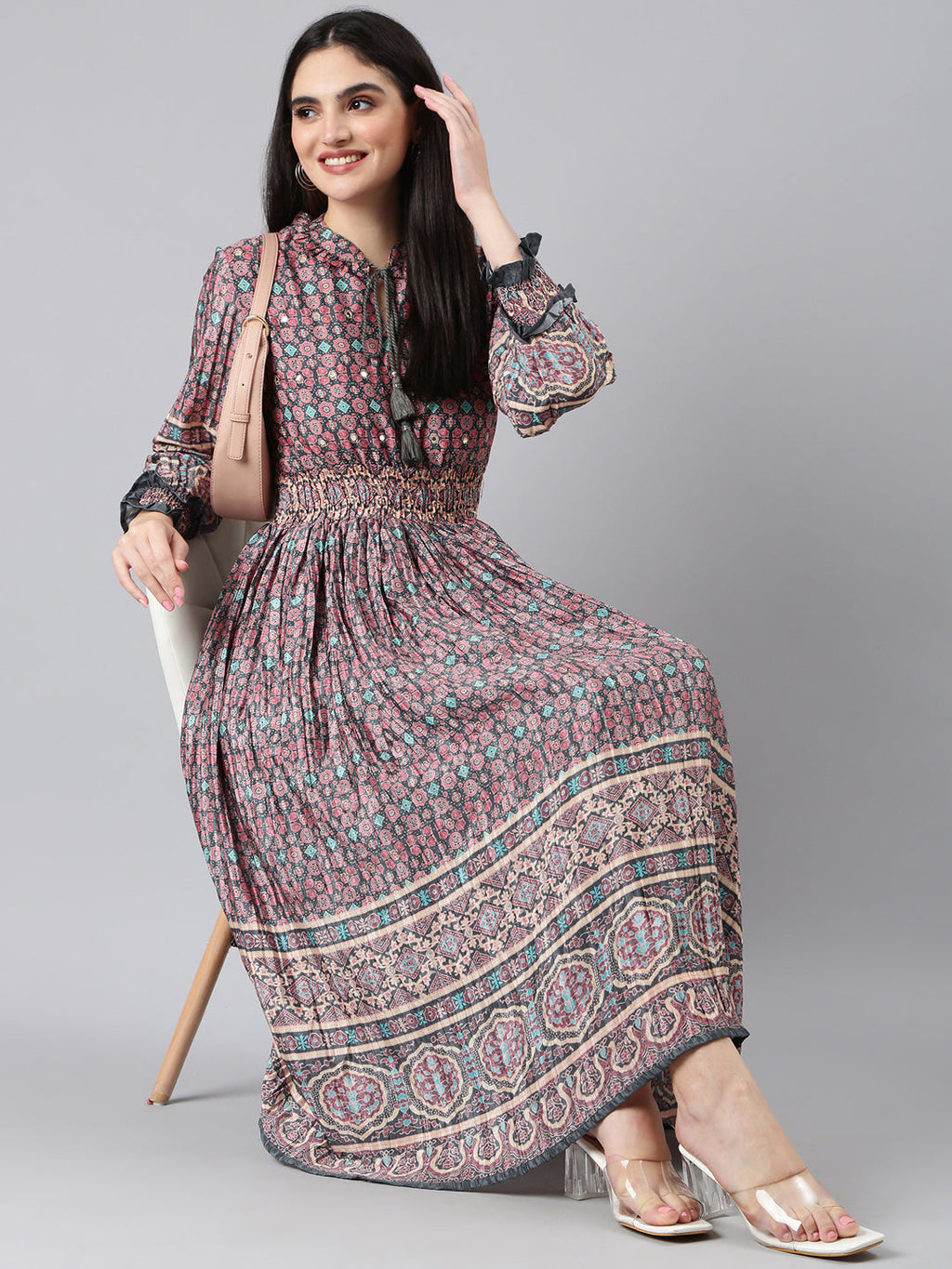 Women's Olive Ethnic Motifs Printed Cuff Sleeve Tie-Up Neck Smocked Fit and Flare Midi Dress