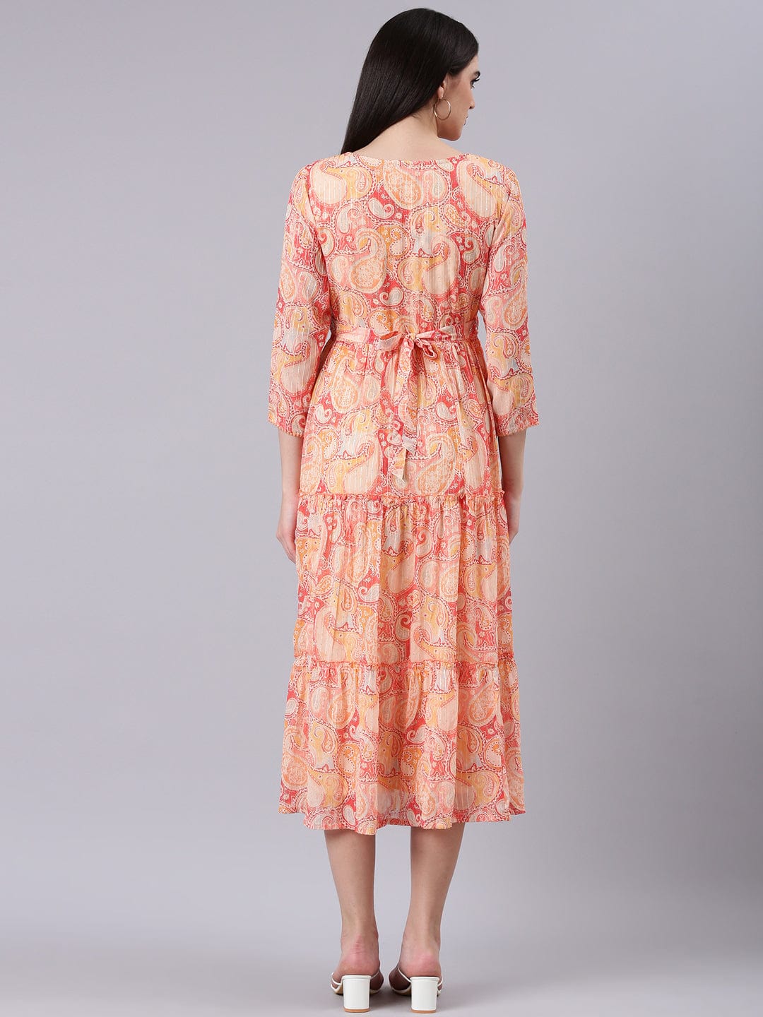 Women's V-Neck Embellished Peach Kurta