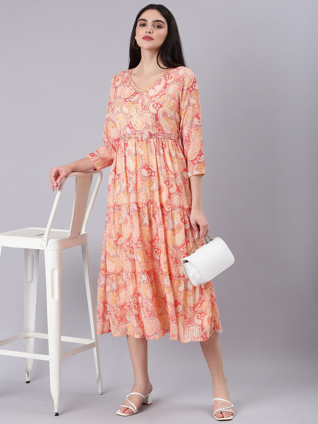 Women's V-Neck Embellished Peach Kurta