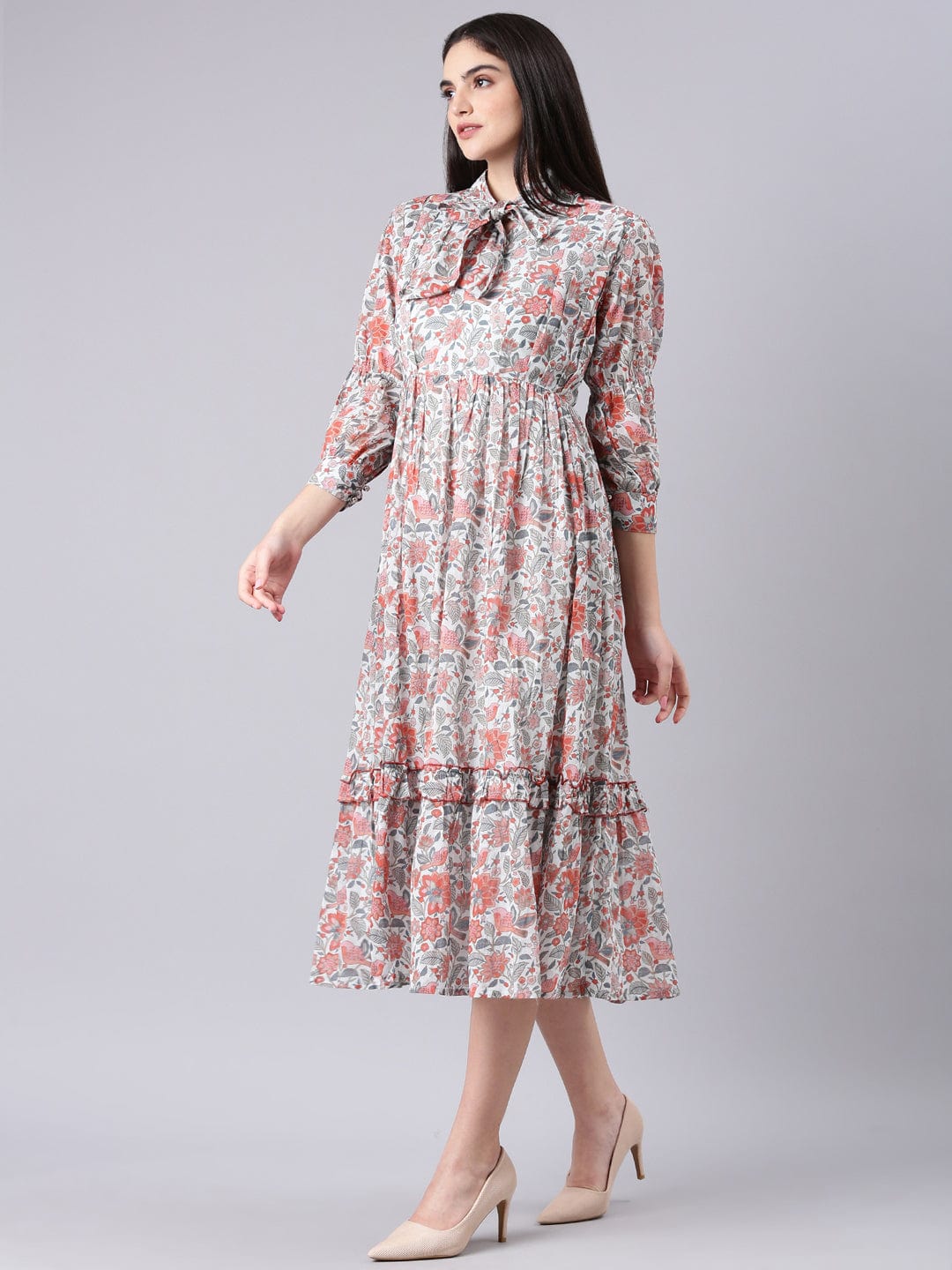 Women's Printed Empire Grey Dress