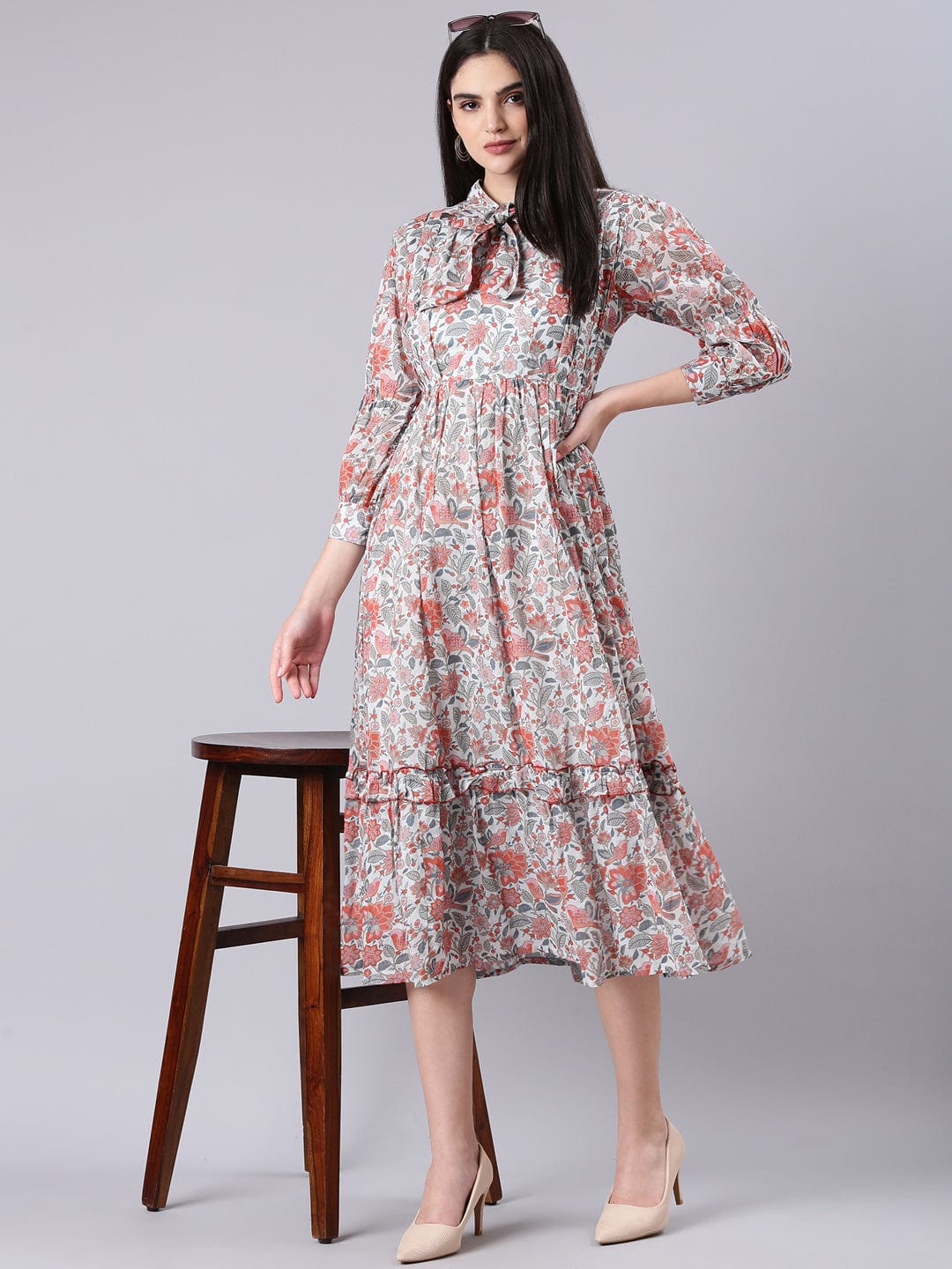 Women's Printed Empire Grey Dress