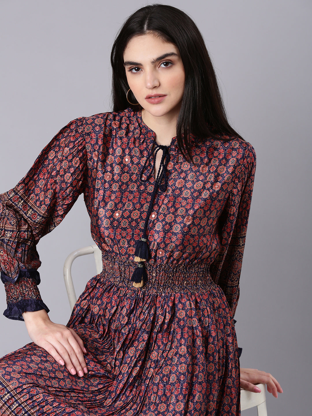 Women's Navy Blue Geometric Printed Tie-Up Neck Fit & Flare Midi Dress