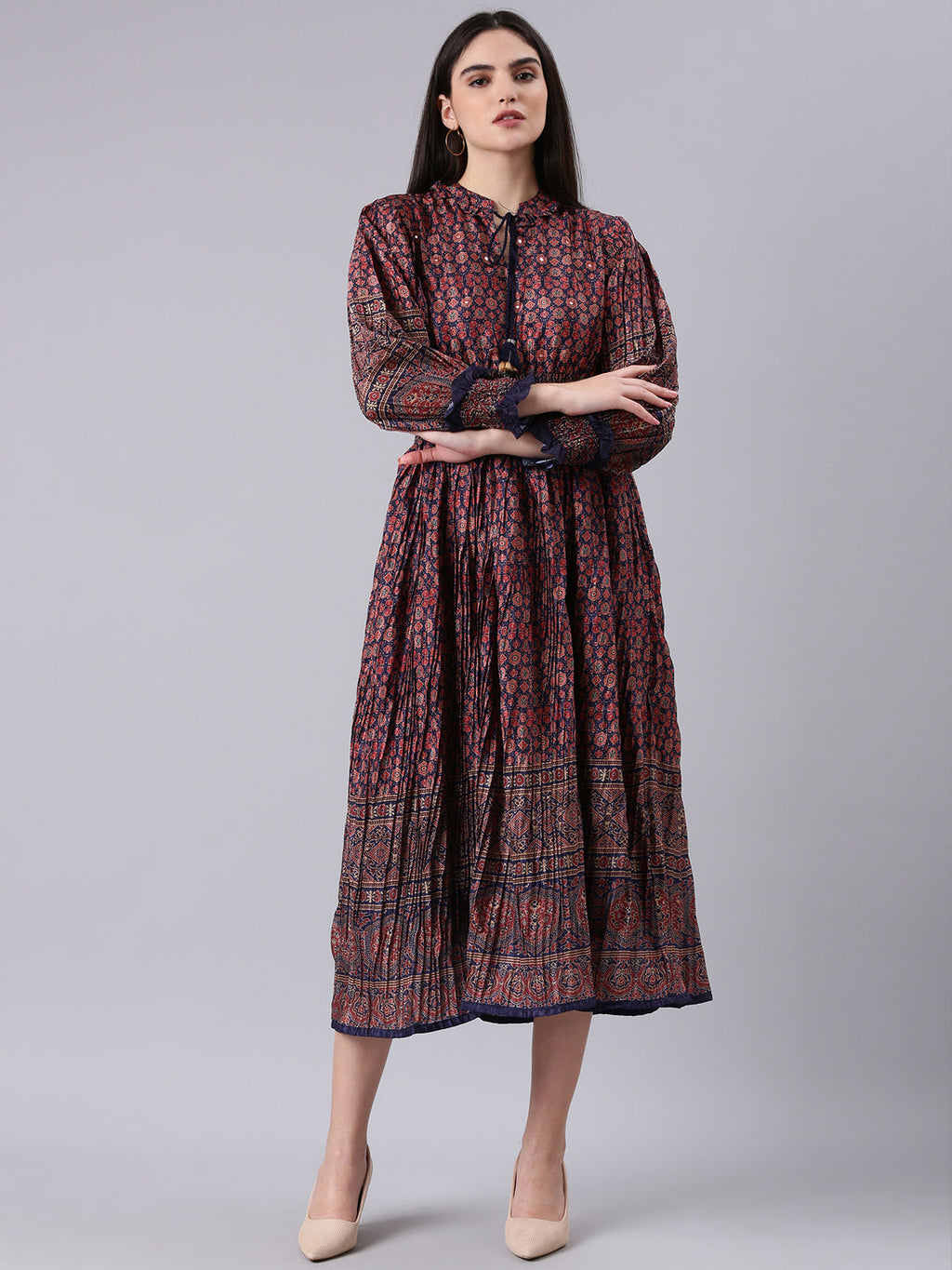Women's Navy Blue Geometric Printed Tie-Up Neck Fit & Flare Midi Dress