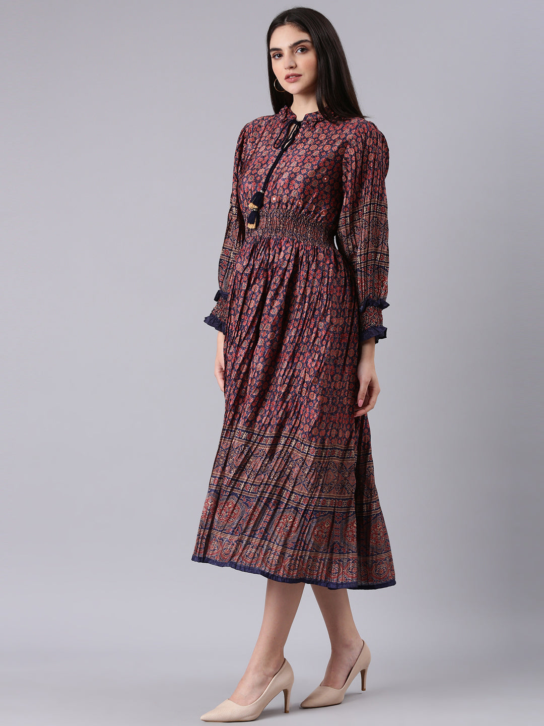 Women's Navy Blue Geometric Printed Tie-Up Neck Fit & Flare Midi Dress