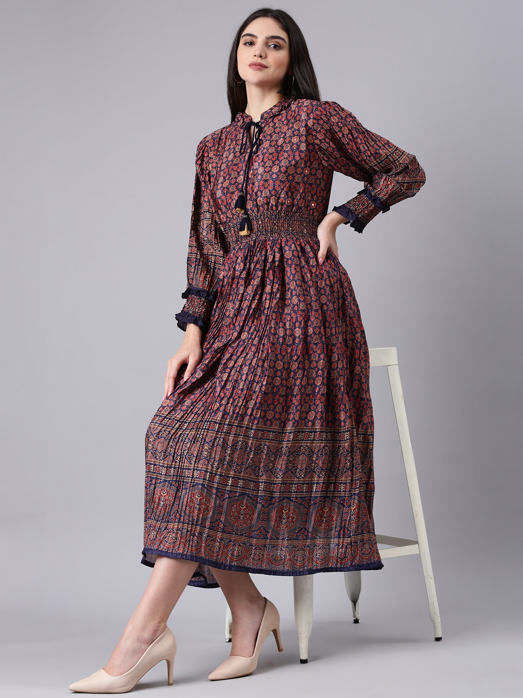 Women's Navy Blue Geometric Printed Tie-Up Neck Fit & Flare Midi Dress