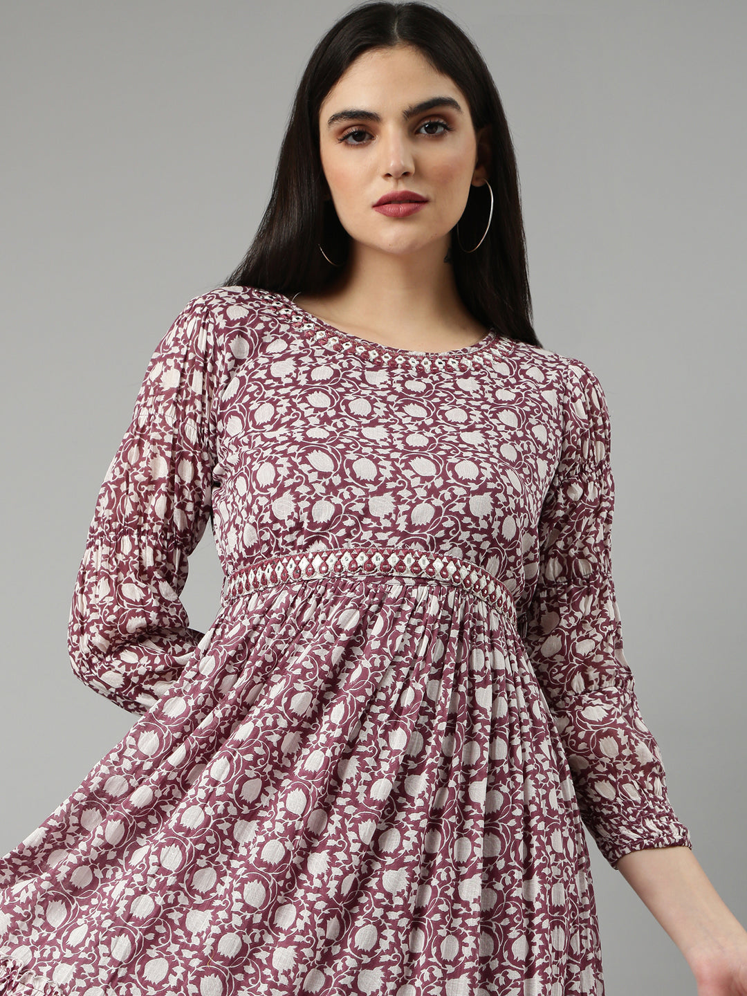Women's Mauve Floral Printed Fit & Flare Dress