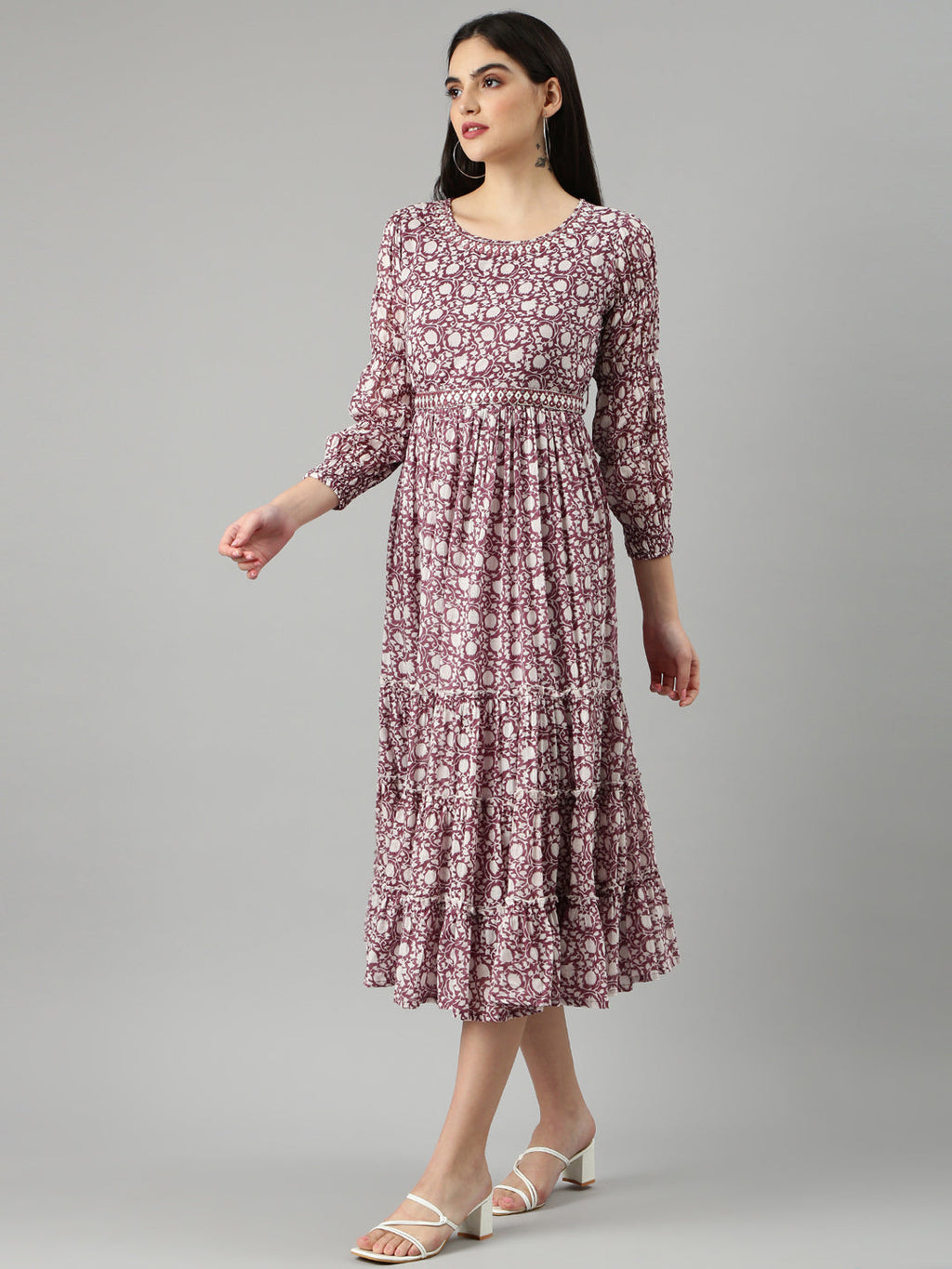 Women's Mauve Floral Printed Fit & Flare Dress