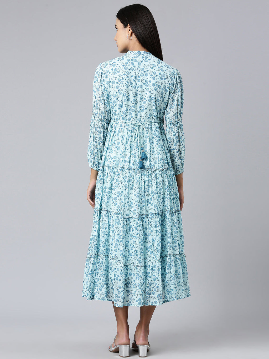 Women's Blue Floral Printed Mandarin Collar Puff Sleeve Cotton Fit and Flare Dress
